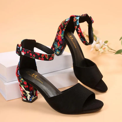 Sandales à talons épais et bout ouvert pour femmes – Talons hauts décontractés d'été antidérapants, chaussures habillées tendance à bout rond imprimées