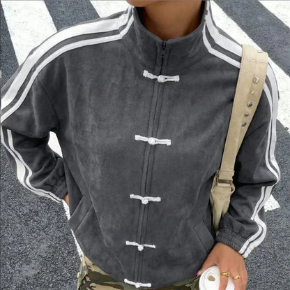 Women’s Chinese Frog-Button Jacket – Retro Oversized Stand Collar Track Coat with Striped Sleeves, Zip-Up Closure & Casual Streetwear Style