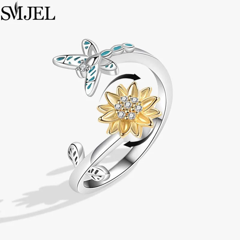 Cherry Blossom Rotating Fidget Spinner Ring – Cute Cat, Bee, Bunny & Butterfly Anti-Anxiety Ring for Women | Adjustable Stress Relief Jewelry