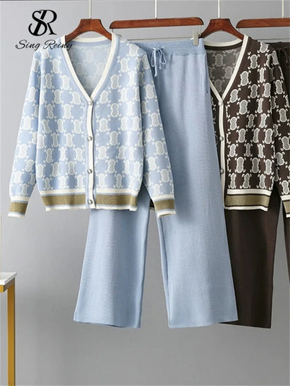 SINGREINY Conjunto de dos piezas de punto para mujer con cuello en V, top estampado de manga larga y pantalones de cintura elástica