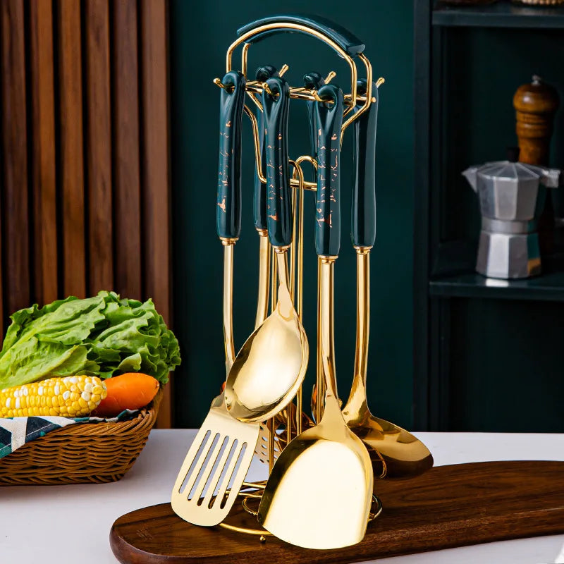 7PCS Stainless Steel Kitchen Utensil Set – Cooking Spatula & Soup Spoon with Ceramic Handles, Nordic Style Kitchenware