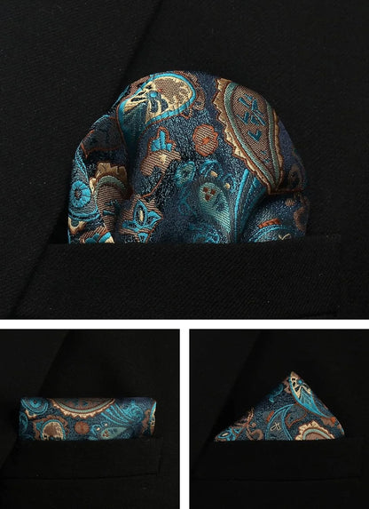 Corbata de seda 100% con diseño floral de Paisley para hombre con pañuelo de bolsillo, pasador de corbata y gemelos en caja de regalo
