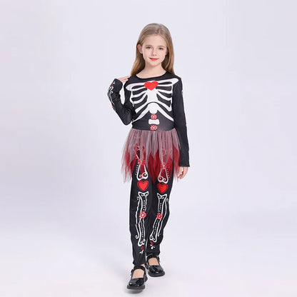 Colorful Skeleton Cosplay Costume for Kids – Girls One-Piece Tight Skirt Dress for Halloween Roleplay & Party Wear