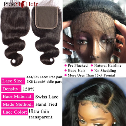 Body Wave Human Hair Bundles with 4x4/5x5 Lace Closure – 100% Raw Human Hair Weave Extensions | 2x6 Middle Part Lace Wig Set