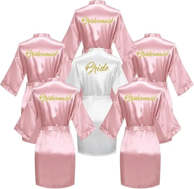6-Piece Bridal Shower Robe Set – Bride & Bridesmaid Silky Robes Getting Ready Dressing Gown