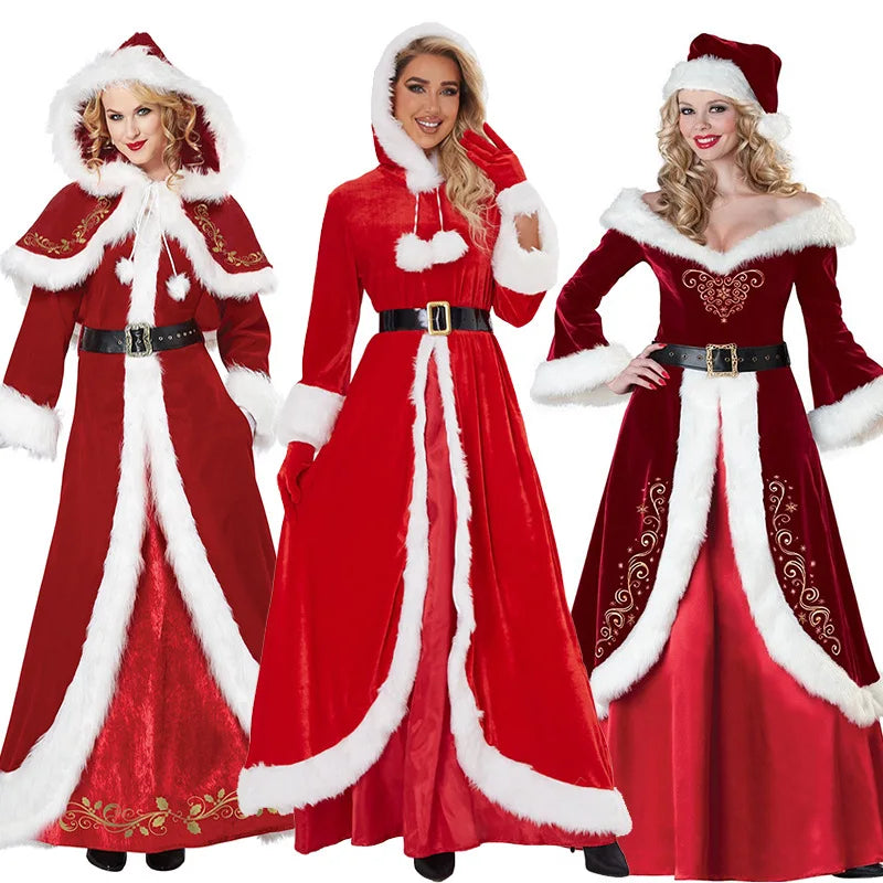 Women's Deluxe Classic Mrs. Claus Christmas Costume, Red Santa Claus Dress for Xmas Parties, Christmas Queen Cosplay Outfit, Holiday Carnival Dress-Up Costume for Festive Celebrations