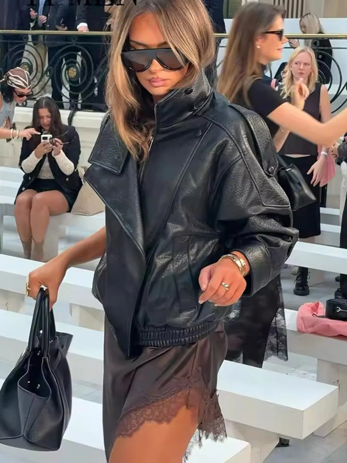 TFMLN Women’s Black Faux Leather Jacket – Oversized Long-Sleeve Button-Up Coat, Elastic-Fit Fashion Outerwear for Autumn & Winter Streetwear