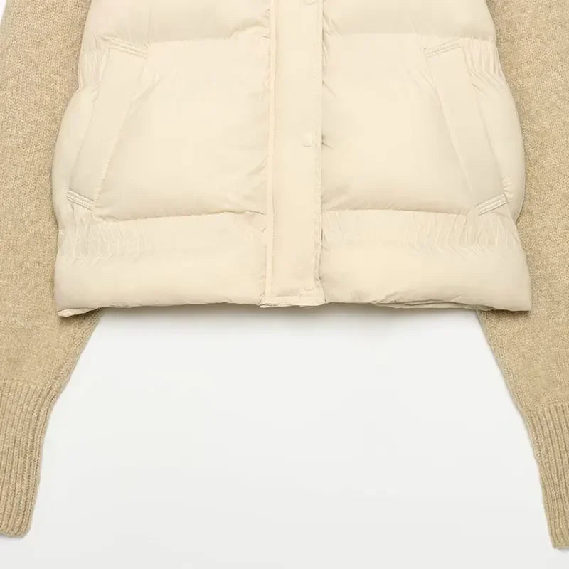 Women’s Sweater-Spliced Padded Coat – Long-Sleeve Zip-Up Jacket with Pockets, Chic Casual Outerwear for Spring & Autumn