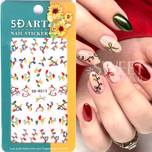 Pegatinas de Uñas Navideñas 5D – Calcomanías Autoadhesivas de Luces Coloridas en Relieve para Decoración de Uñas en Fiestas