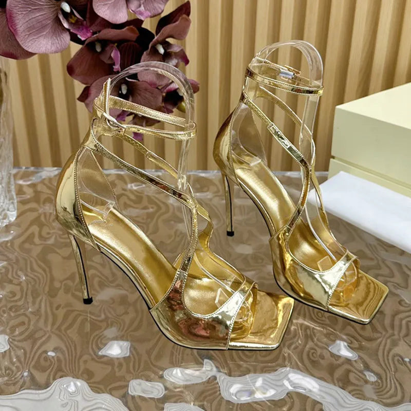Sandalias de gladiador de charol para mujer – Zapatos de tacón alto de aguja con puntera abierta y correa al tobillo, sexys, para fiesta de verano