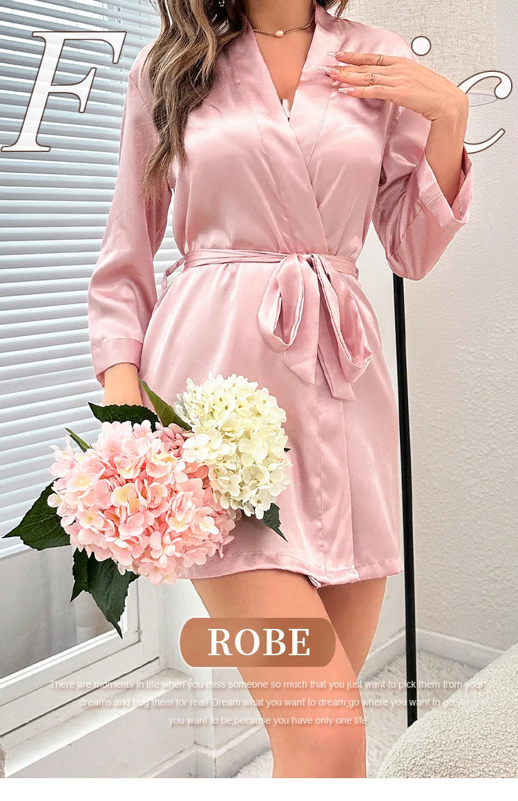 Women’s Summer Ice Silk Robe – Sexy Lace-Up Bathrobe Morning Gown Home Dress Loungewear