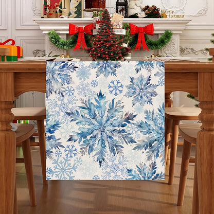 1PC Blue Snowflake Christmas Table Runner – Festive Winter Table Decor with Snowflakes & Pine Branches for Xmas Holiday Home