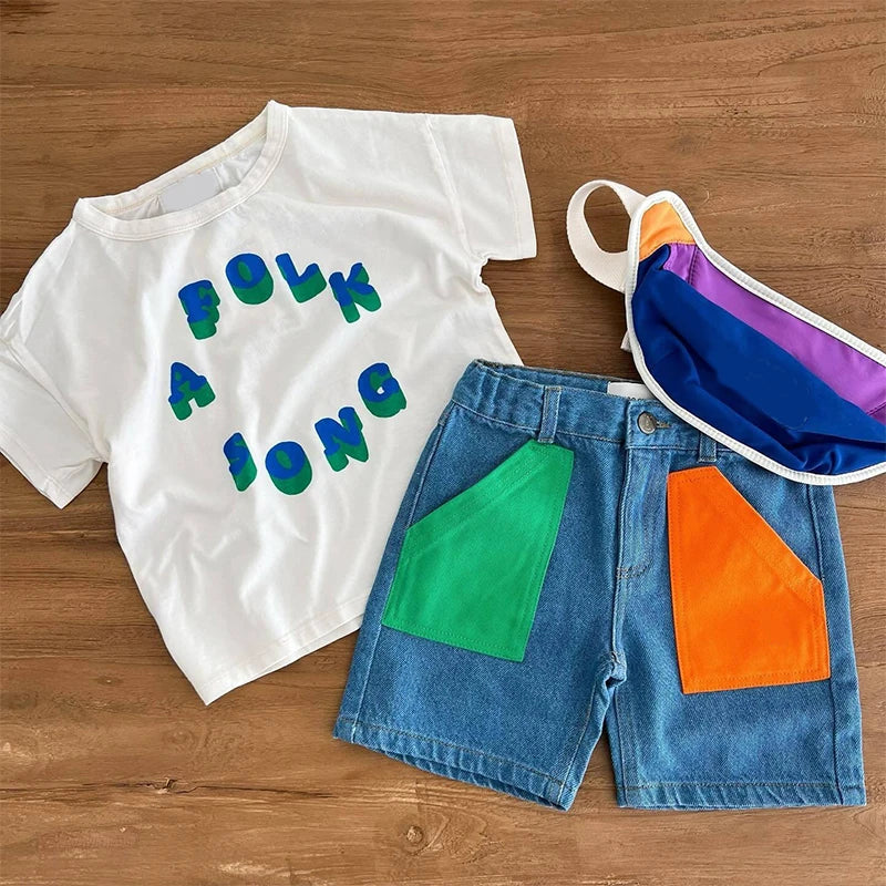 Camiseta de algodón con dibujos animados para niños 2025 – Top de manga corta estilo coreano de primavera-verano para bebés niños y niñas, ropa exterior informal para uso diario.