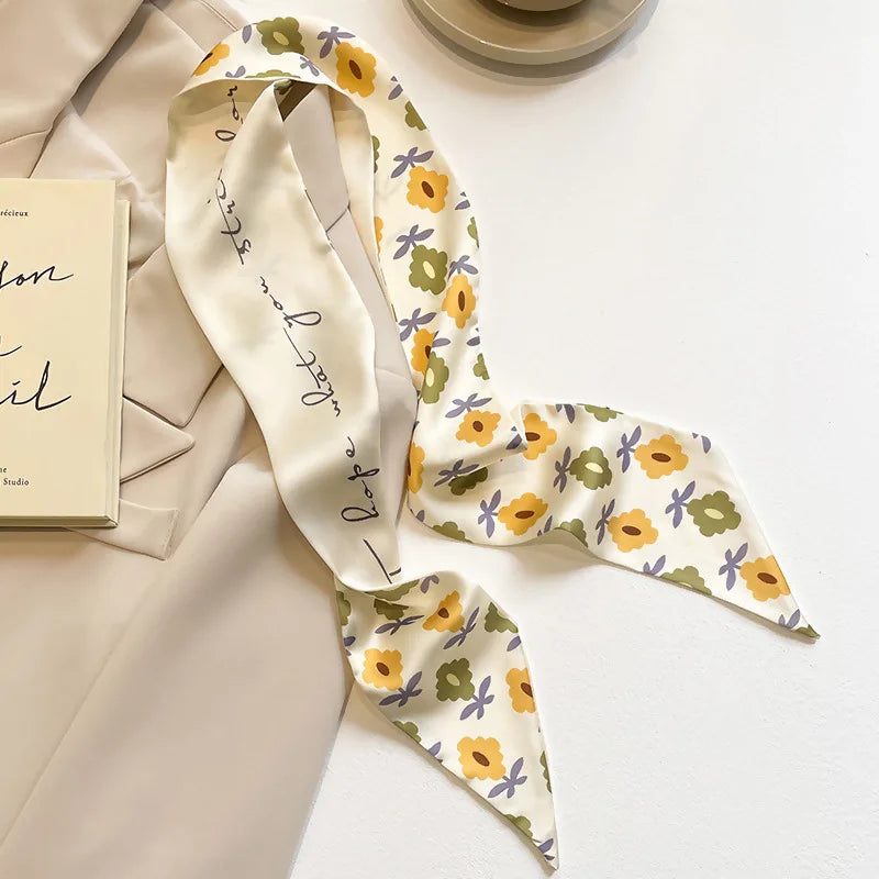Khaki Nude Silk Scarf Hair Band – Vintage Satin Ribbon Bow Hair Accessory for Women | Elegant Fashion Hair Tie