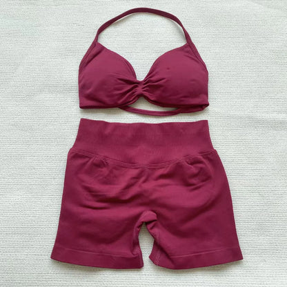 Women’s Seamless Yoga Set – 2PCS Strappy Sports Bra & High Waist Scrunch Shorts Gym Workout Outfit