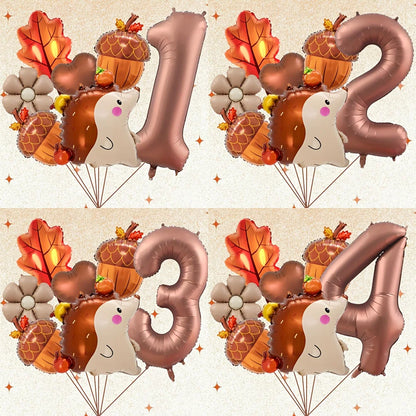 7PCS Autumn Pinecone & Hedgehog Balloon Set – 40-Inch Number Balloons 1–9 for Birthday, Thanksgiving Party Decor & Photo Props