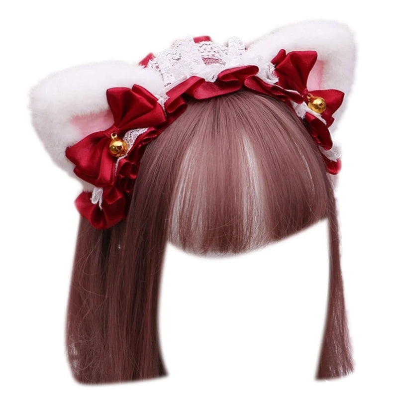Cute Anime Lolita Cat Ear Headband, Plush Animal Ears with Ruffled Lace, Ribbon Bow and Bell, Kawaii Cosplay Hair Hoop for Masquerade, Costume Parties, and Daily Wear
