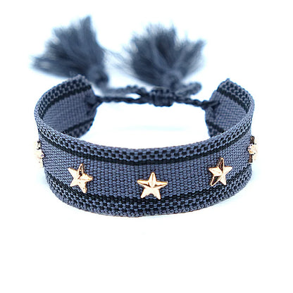 Bohemian Star Tassel Bracelet – Handmade Woven Alloy Gold Rivet Wrist Strap for Women | Ethnic Fashion Jewelry Gift