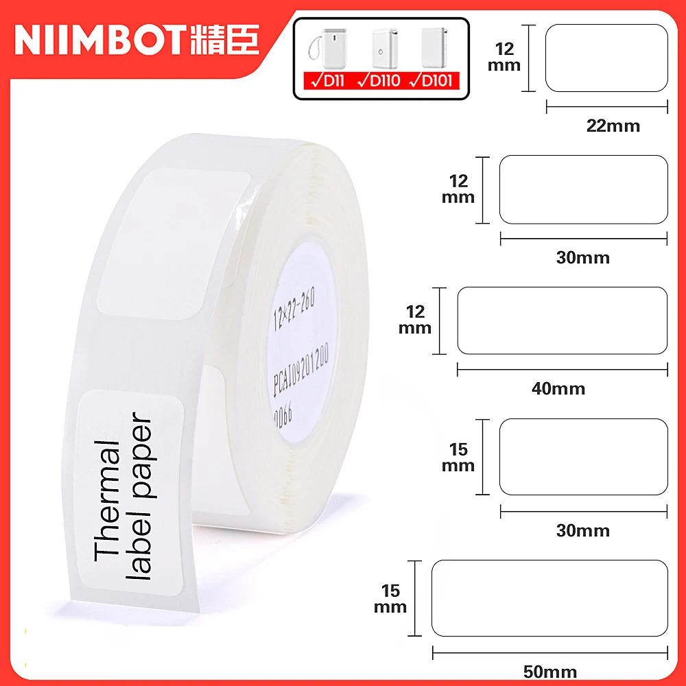 Niimbot D110 Label Maker Tape – Waterproof Self-Adhesive Sticker Paper, Compatible Label Roll for Niimbot D11/D101 Portable Printer, White Thermal Labels 12-15mm