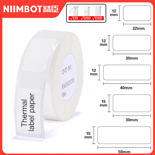 Cinta para etiquetadora Niimbot D110 – Papel adhesivo impermeable, rollo de etiquetas compatible con la impresora portátil Niimbot D11/D101, etiquetas térmicas blancas de 12-15 mm