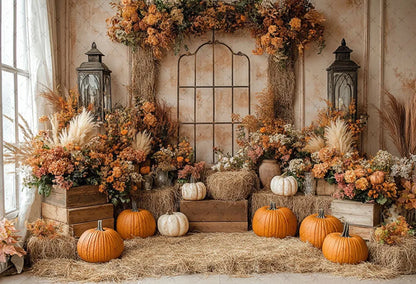 Mehofond Fall Autumn Harvest Photography Backdrop – Rustic Barn Hay & Pumpkin Background for Kids’ Birthday, Portrait, Photo Studio & Party Decor