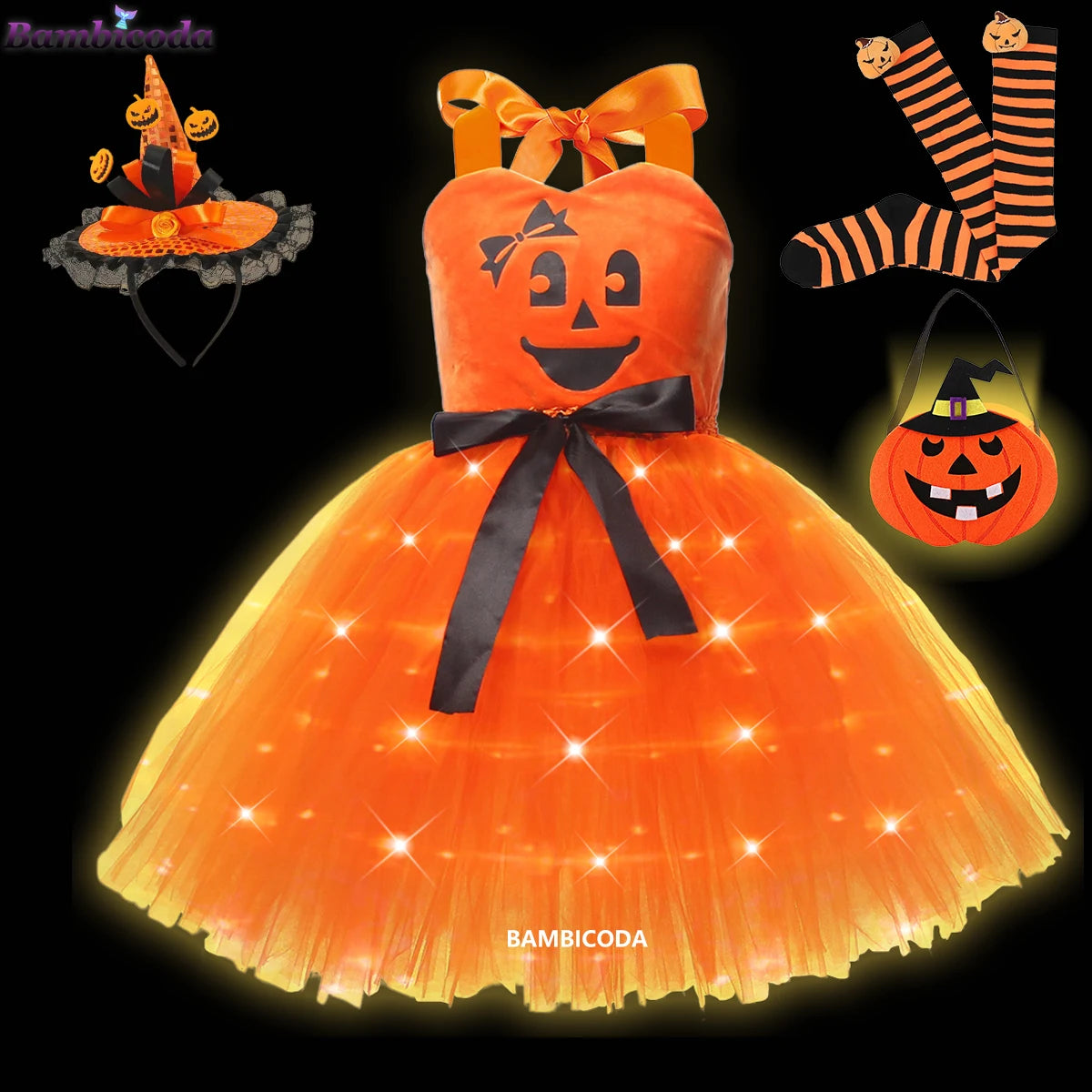 Girls LED Light-Up Witch Costume Dress – Halloween Vampire Cosplay Outfit for Carnival, Masquerade, Performance & Pumpkin Parties