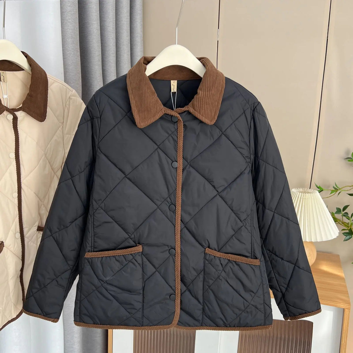 Women’s Cotton-Padded Winter Coat – Casual Warm Parka with Contrast Colors & Lapel Collar, Plus-Size Autumn/Winter Outerwear