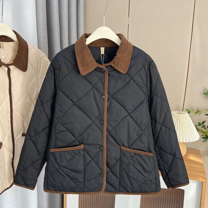 Women’s Cotton-Padded Winter Coat – Casual Warm Parka with Contrast Colors & Lapel Collar, Plus-Size Autumn/Winter Outerwear