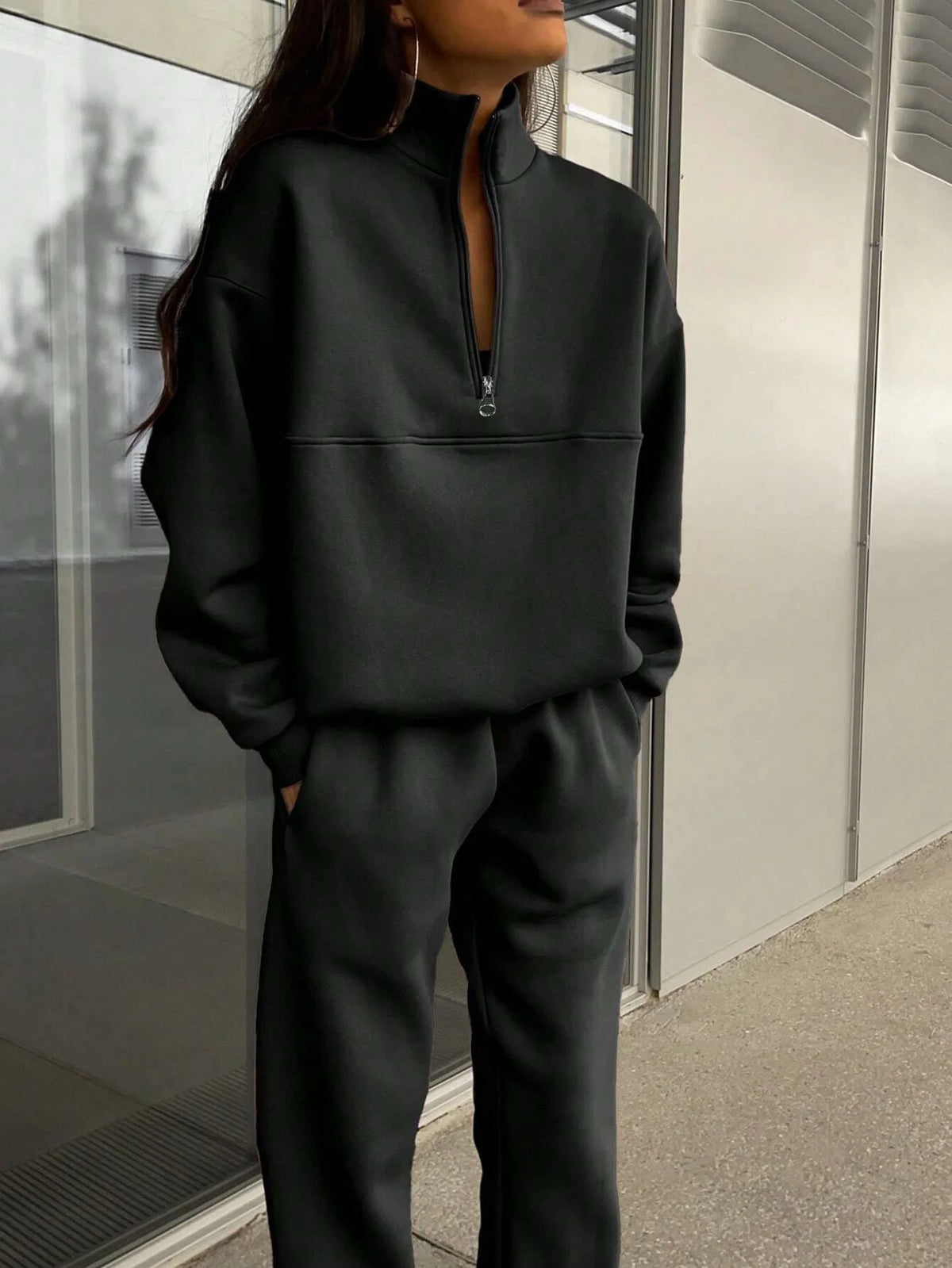FSMG Women’s Casual 2-Piece Tracksuit Set – Half High Neck Long Sleeve Zip Pullover & Elastic Waist Pants, Solid Sport Outfit