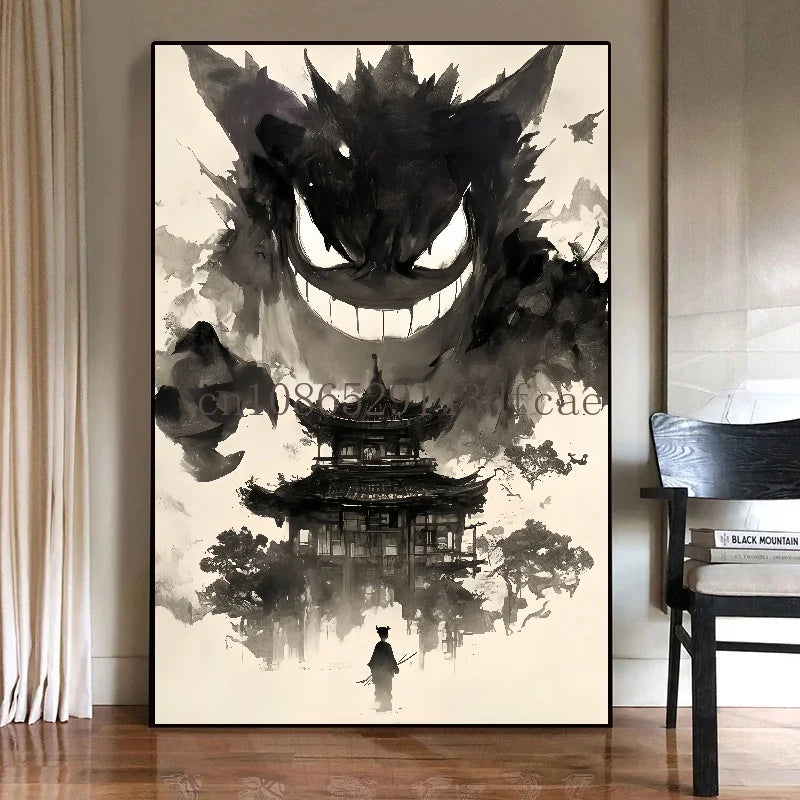 Pokémon Canvas Wall Art – Gengar Anime Ink Painting Poster Print for Living Room & Kids Room Decor