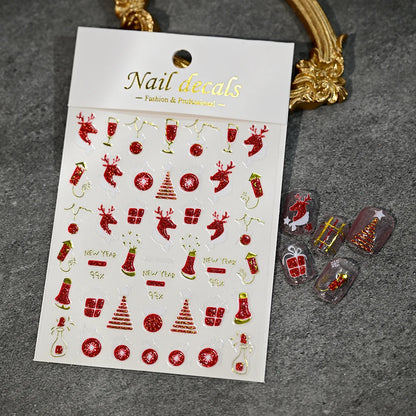 Christmas Nail Art Stickers – Red Glitter Snowflake, Elk & Snowman Self-Adhesive Holiday Manicure Decals (1–12pcs)
