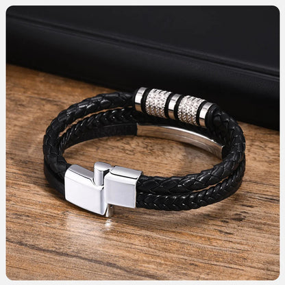 Vnox Personalized Braided Leather Bracelet for Men – Custom Name Engraved Triple Woven PU Leather Wristband | Handmade Gift Jewelry