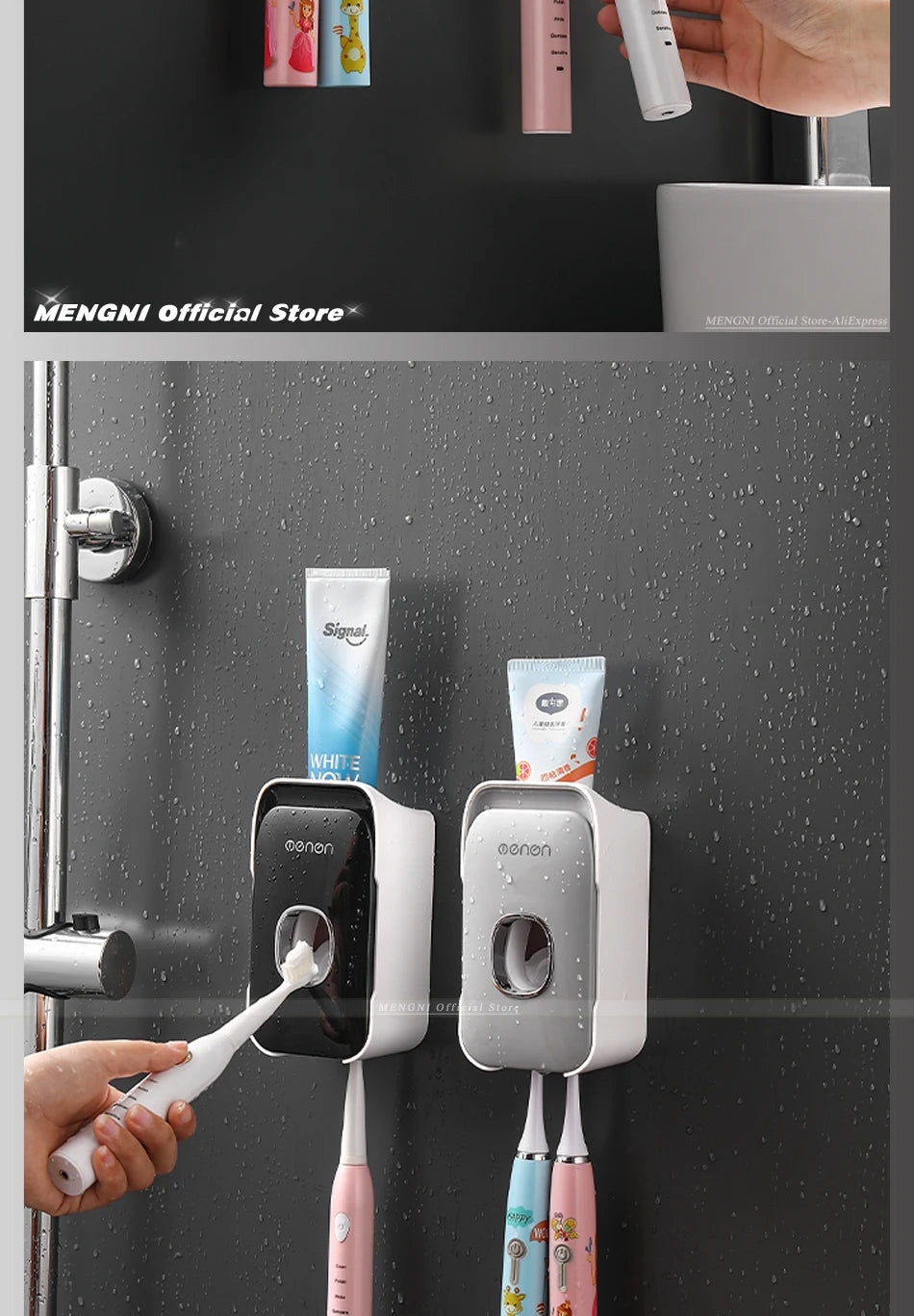 Dispensador de pasta de dientes MENGNI – Exprimidor de pasta dental montado en la pared para baño, soporte para cepillo de dientes sin taladros, organizador manual de bomba de pasta de dientes para almacenamiento y uso diario en el baño