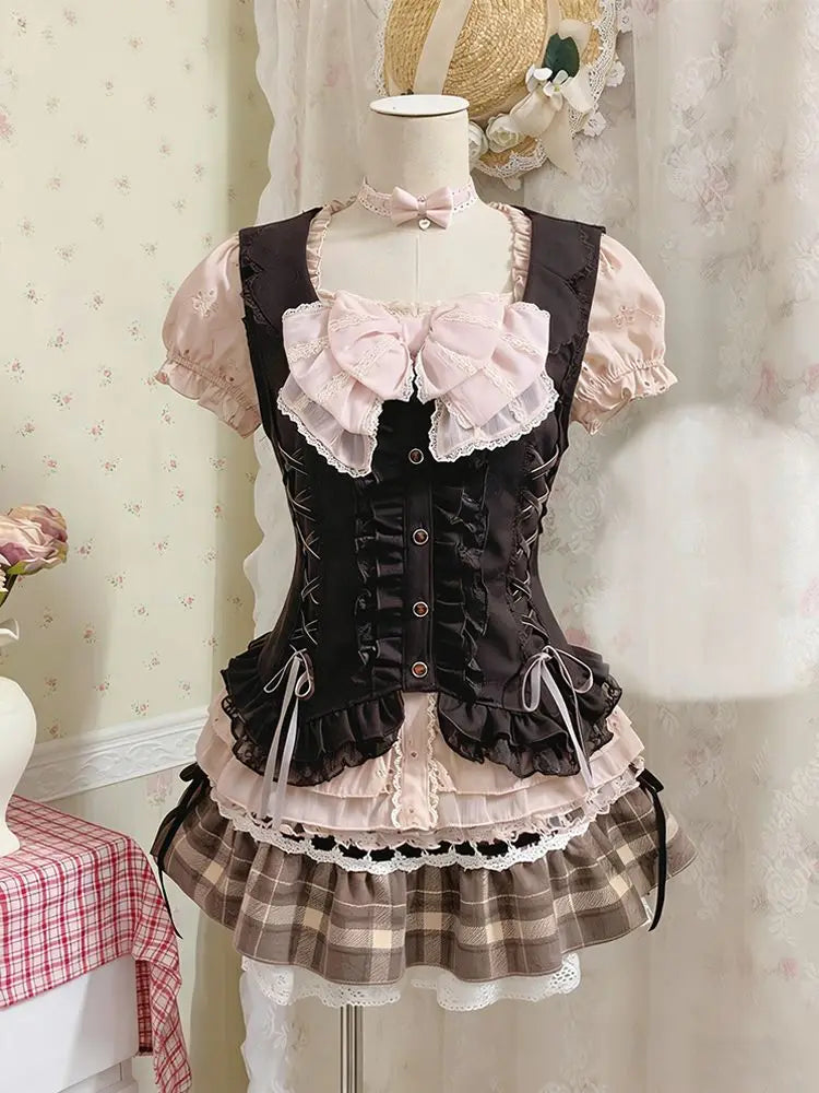 Conjunto de 3 Piezas Y2K años 90 Kawaii para Mujer – Top Corto con Tirantes, Minifalda y Encaje, Estilo Harajuku Japonés Delgado de Verano