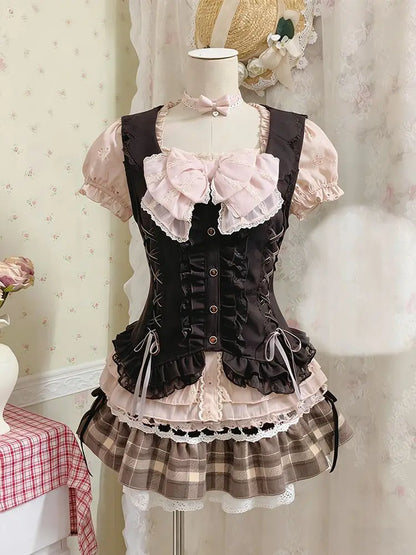 Conjunto de 3 Piezas Y2K años 90 Kawaii para Mujer – Top Corto con Tirantes, Minifalda y Encaje, Estilo Harajuku Japonés Delgado de Verano