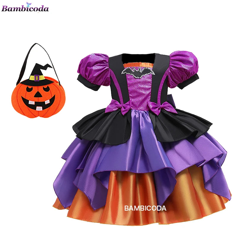 Girls Pumpkin Halloween Costume Dress – Fancy Bat Print Witch Princess Ball Gown for Cosplay, Festival & Party