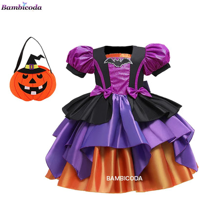 Girls Pumpkin Halloween Costume Dress – Fancy Bat Print Witch Princess Ball Gown for Cosplay, Festival & Party