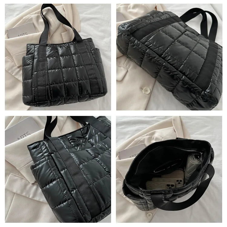 Sac à bandoulière matelassé pour femmes – Grand sac fourre-tout en nylon pour l'hiver 2025, motif en coton chaud, sac à main de voyage décontracté et tendance
