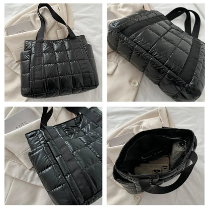 Sac à bandoulière matelassé pour femmes – Grand sac fourre-tout en nylon pour l'hiver 2025, motif en coton chaud, sac à main de voyage décontracté et tendance