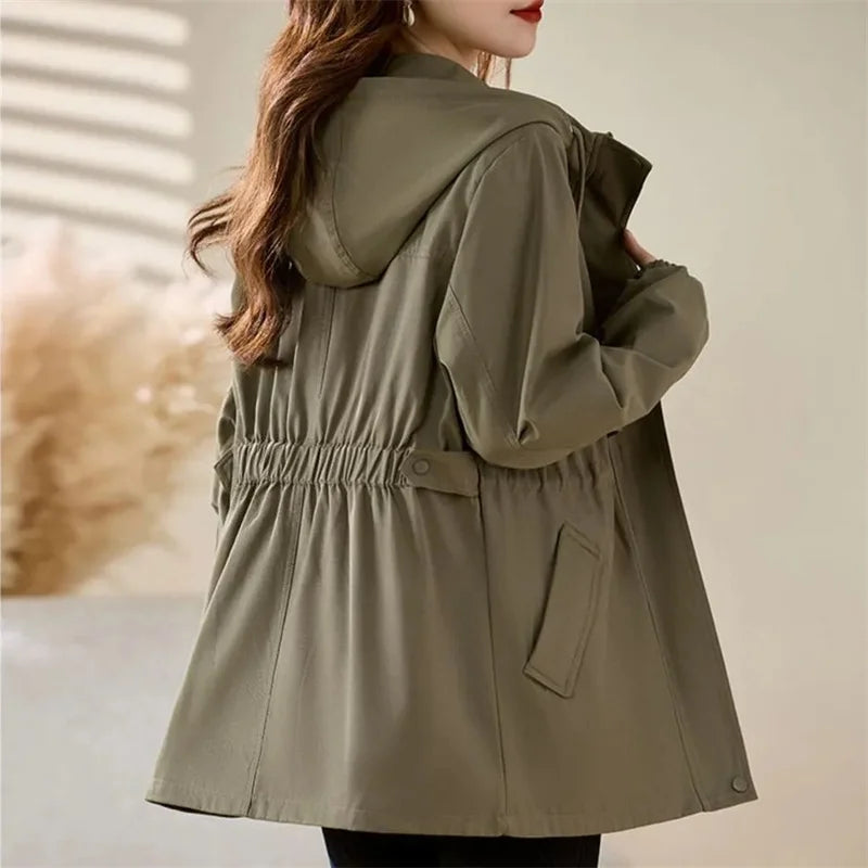 Women’s Camel Military-Style Trench Coat – Slim-Fit Hooded Jacket, Minimalist Casual Outerwear for Spring & Autumn