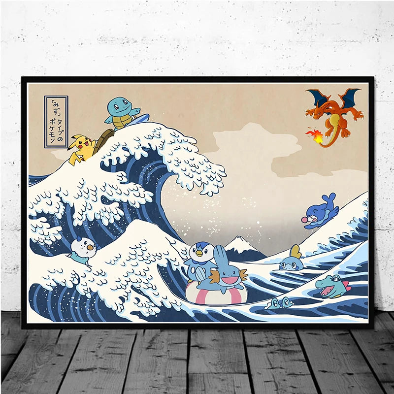 Pokémon Pikachu Great Wave of Kanagawa Canvas Wall Art – Anime Comic Poster Home Decor
