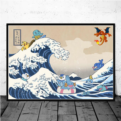 Pokémon Pikachu Great Wave of Kanagawa Canvas Wall Art – Anime Comic Poster Home Decor