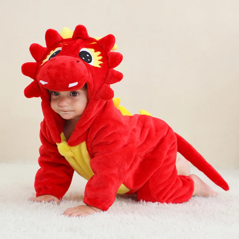 Halloween Dinosaur Baby Romper – Warm Fleece Hooded Kigurumi Pajamas & Animal Jumpsuit for Baby Boys & Girls, Cozy Winter Costume 0-4T