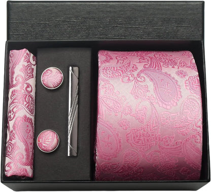 Corbata de seda 100% con diseño floral de Paisley para hombre con pañuelo de bolsillo, pasador de corbata y gemelos en caja de regalo