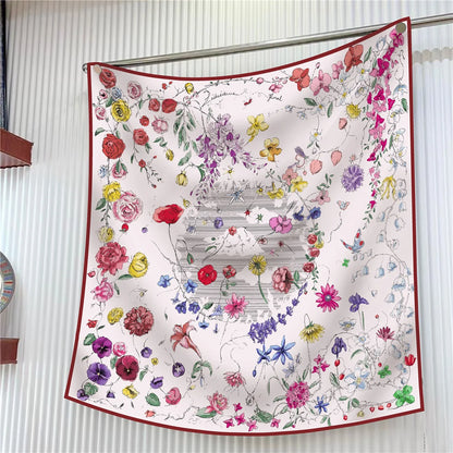 Foulard carré en soie 90 cm pour femme, motif floral, sergé de luxe, bandana, châle, hijab, cache-col, écharpe de tête