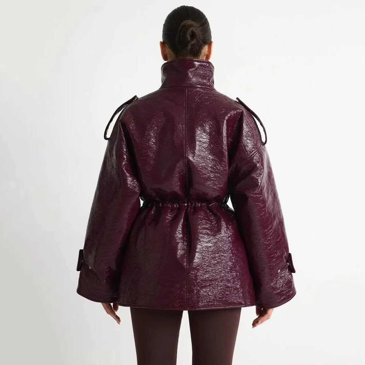 Women’s Burgundy Patent Leather Puffer Jacket – Mid-Length Winter Coat with Stand Collar, Epaulets, Multi-Pockets & Drawstring Waist