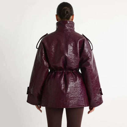 Women’s Burgundy Patent Leather Puffer Jacket – Mid-Length Winter Coat with Stand Collar, Epaulets, Multi-Pockets & Drawstring Waist