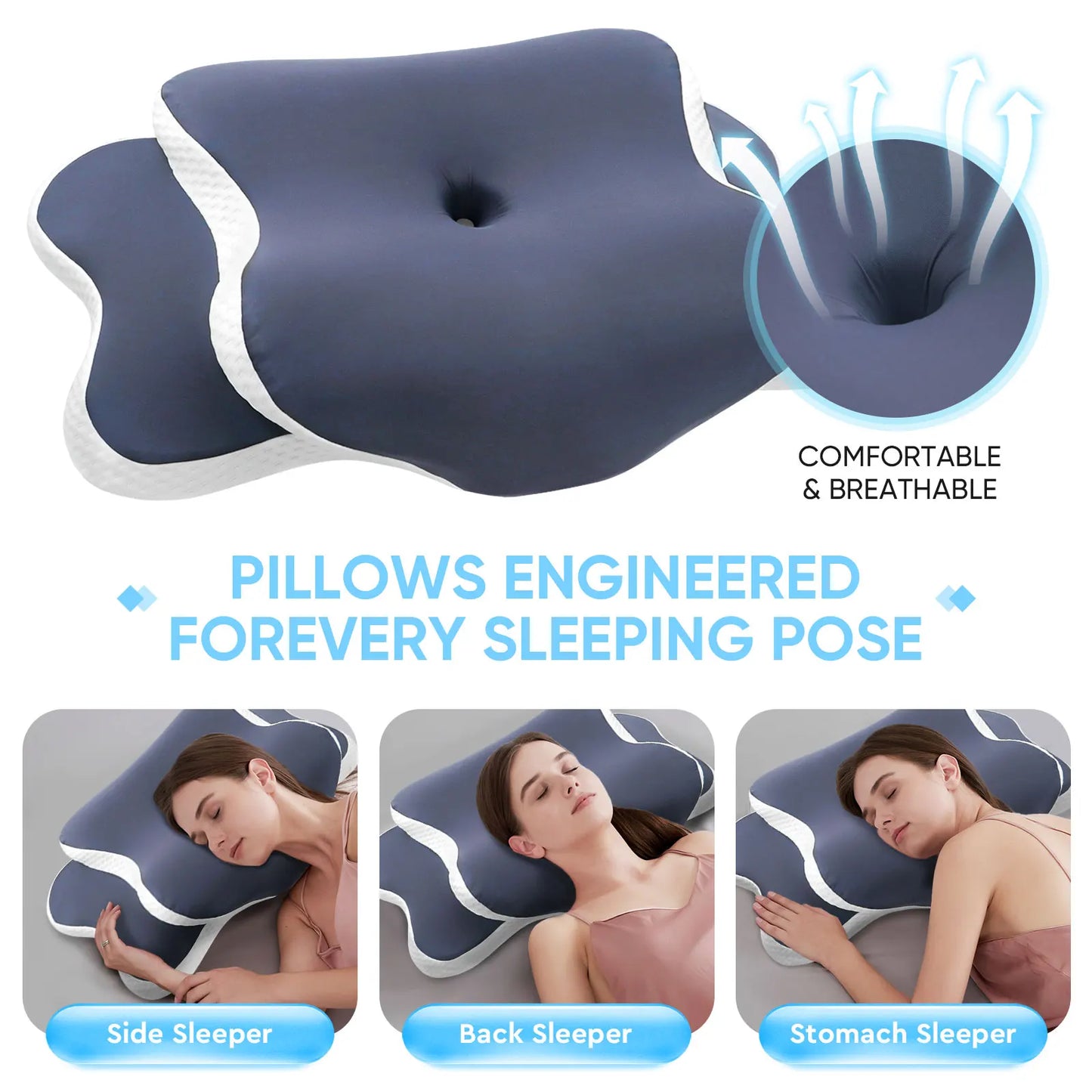 Almohada cervical de espuma viscoelástica – Almohada ergonómica ortopédica para soporte del cuello, almohada contorneada para dormir de lado, boca arriba y boca abajo, cojín de cama para comodidad del cuello y alivio del dolor