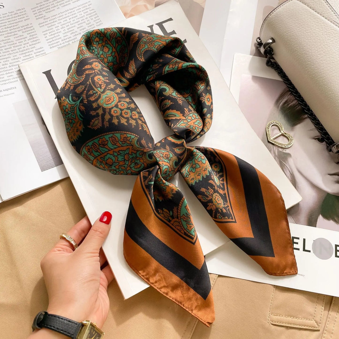 70x70CM Foulard en soie imprimé pour femme – Châle Pashmina carré tendance, tour de cou de luxe, bandeau et bandana décoratif