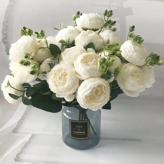 Ramo de peonías artificiales rosas de 30 cm – Flores de seda sintéticas con 5 flores grandes y 4 capullos para decoración de bodas, decoración del hogar, arreglos florales de interior y proyectos de bricolaje